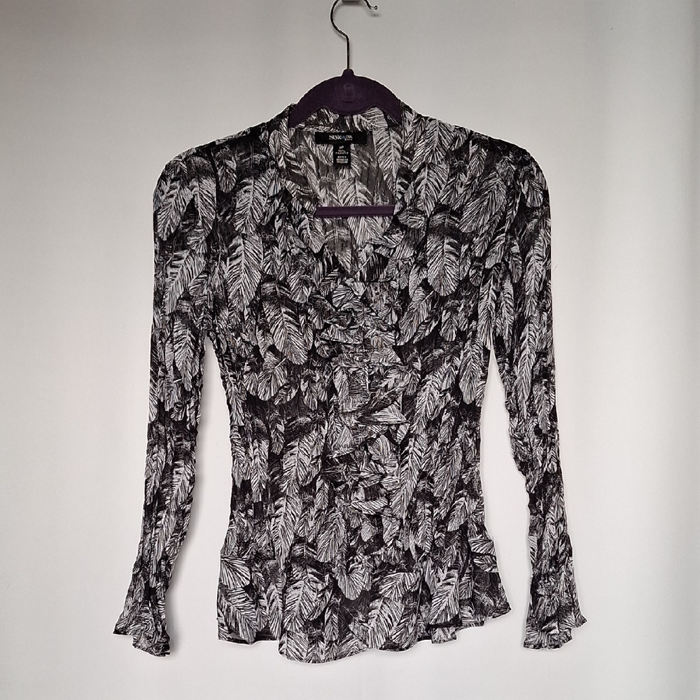 Style & Co. Monochrome Crinkle Leaf Print Blouse Size 6P